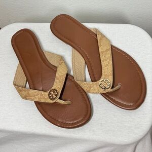 Tory Burch Women’s Flat Faux Snake Reptile Tan Logo Flat Thong Sandals Size 7.5